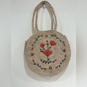 Round Raffia Tote with Floral Embroidery